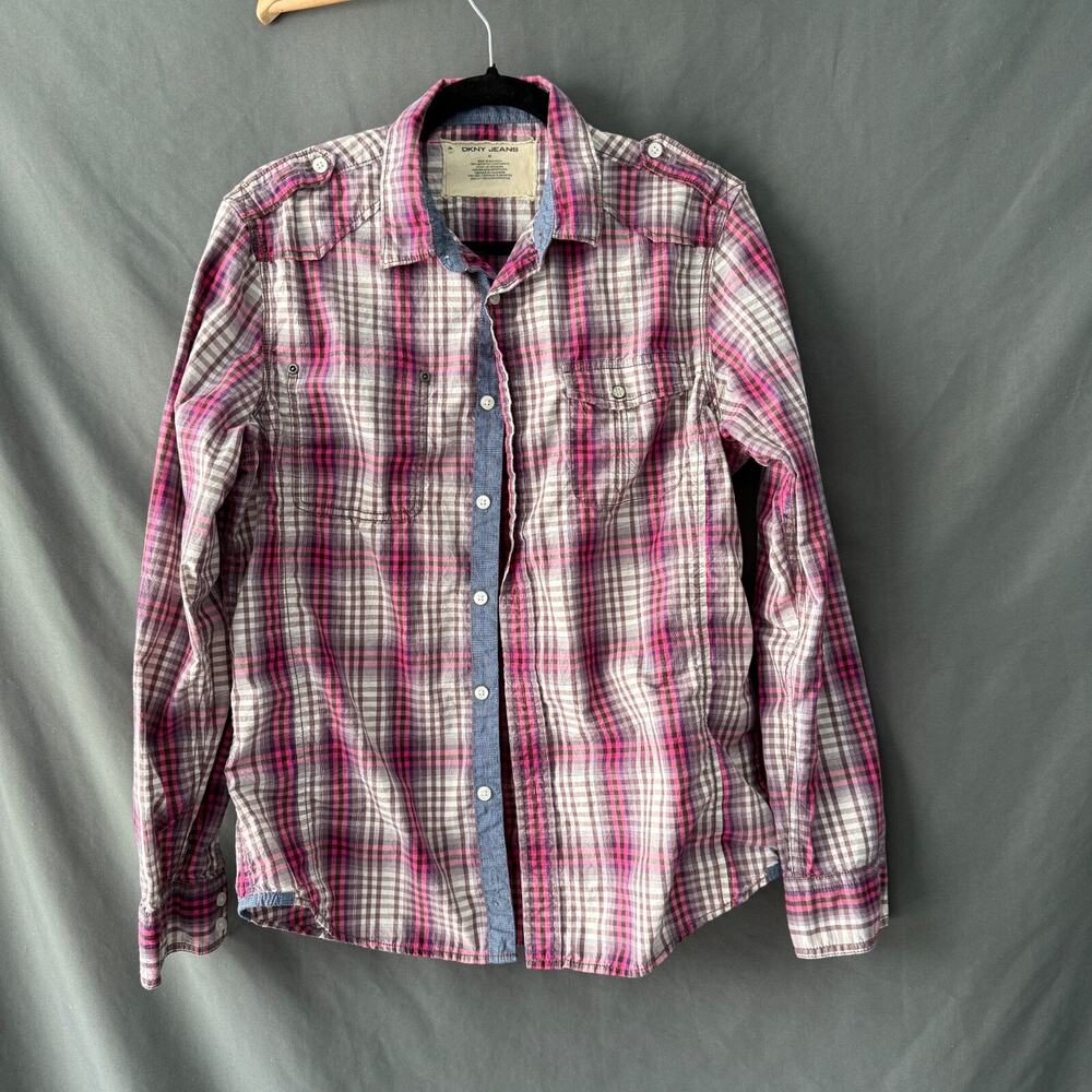 DKNY JEANS Men’s Plaid Button-Up Shirt M Long Sleeve Western Snap Pockets Casual